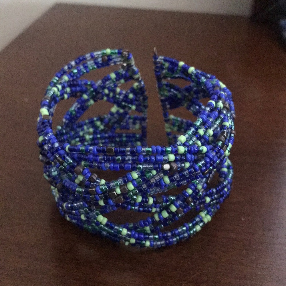 Blue and green cuff beaded bracelet